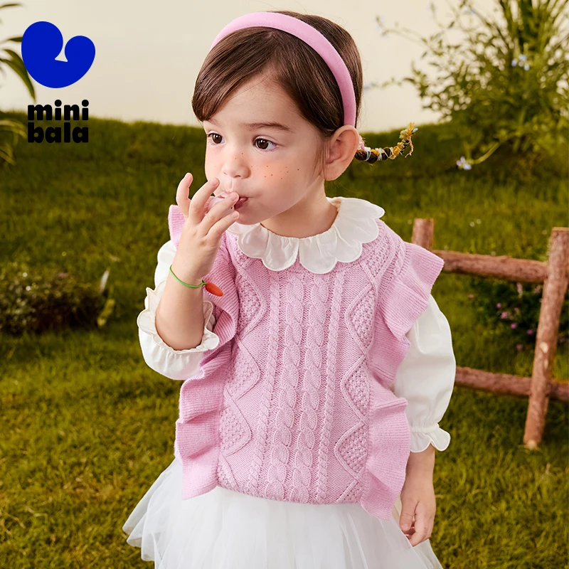 

Вязаный жилет Mini Bala для девочек, осень 202, милый пуловер с рюшами и краями, топ для маленьких девочек