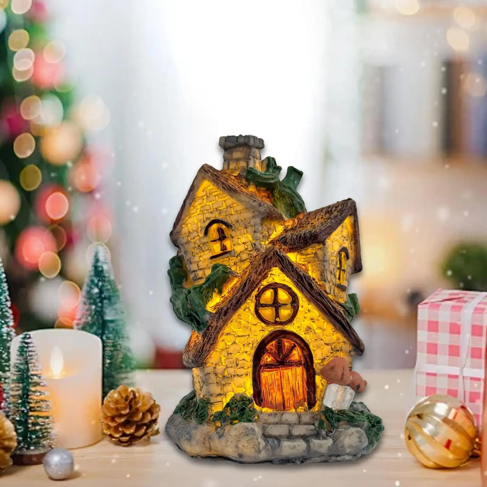 Christmas House Illuminated Town Scene Resin Figurine Collection Mini Tabletop Model for Festival Office Bedroom Party Wedding