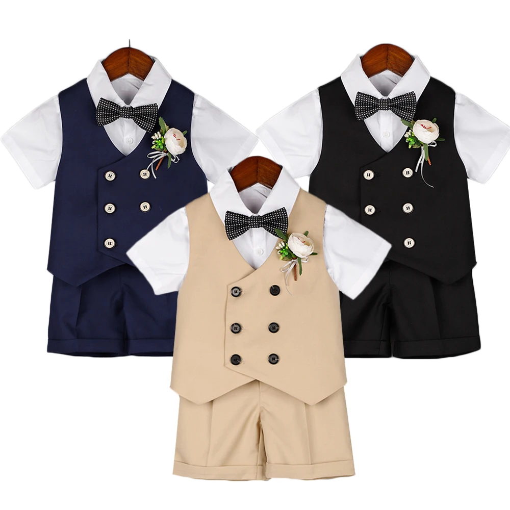 

Children's Set New Short Sleeve Vest Set for Boys' Wedding Flower Dress Kids baby's Birthday Party Tuxedos 3PCS Pants Set 1-13Y