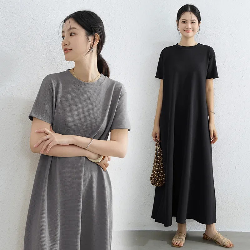 

Свободное мини-платье трапециевидной формы, женское весенне-летнее новое стильное японское свободное платье с круглым вырезом, однотонная верхняя одежда длиной до колена с коротким рукавом