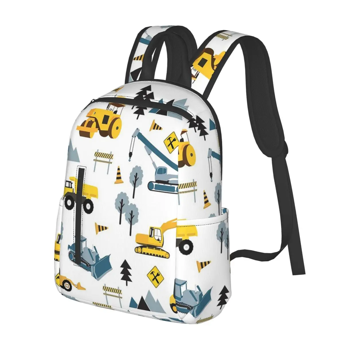 Blue Construction Trucks & Site Theme Pattern Student Backpack School Bag Hiking Travel Daypack for Boys Girls Bookbag Shoulder