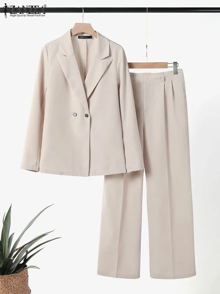 ZANZEA Fashion Women Blazer Solid OL Work Pant Sets 2PCS Tracksuits Elegant Loose Wide Leg Trousers Suits Office Outfits