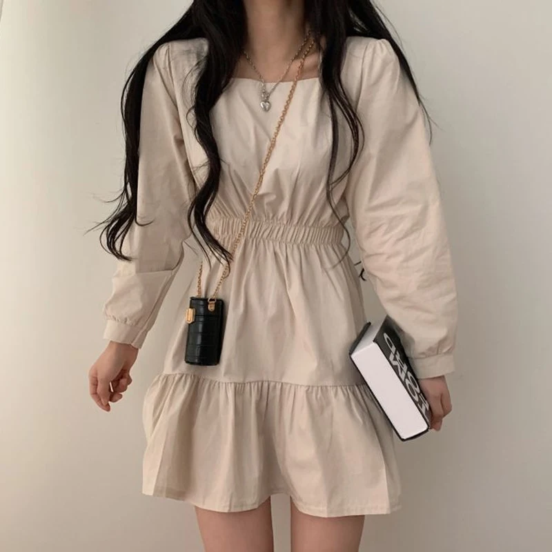 2023년 봄 여성 한국 스타일 스윗 젊은 루즈핏 인형 드레스 스퀘어 넥 A라인 스커트 긴팔 숏 기장 솔리드 컬러