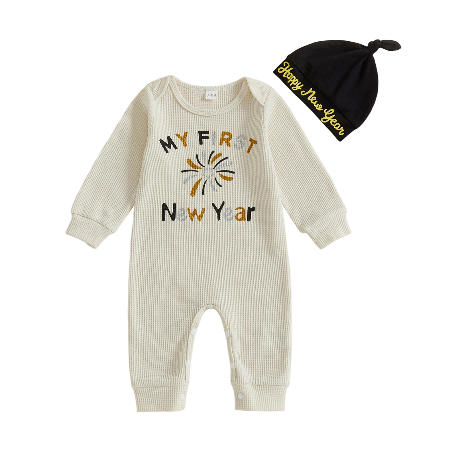

Baby Boy New Year Romper Letter Print Long Sleeve Round Neck Full Length Jumpsuit with Hat