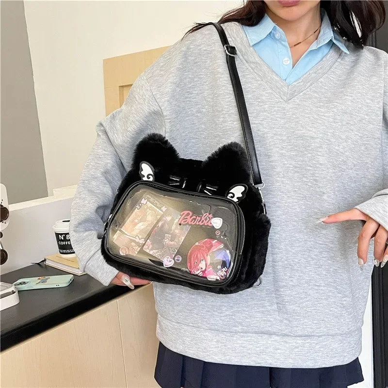 Xiuya Plush Cat Womens Backpack Y2k Fluffy Cute Casual Transparent Ita Bag Fashion Kawaii Japanese Style Lolita Jk Shoulder Bag