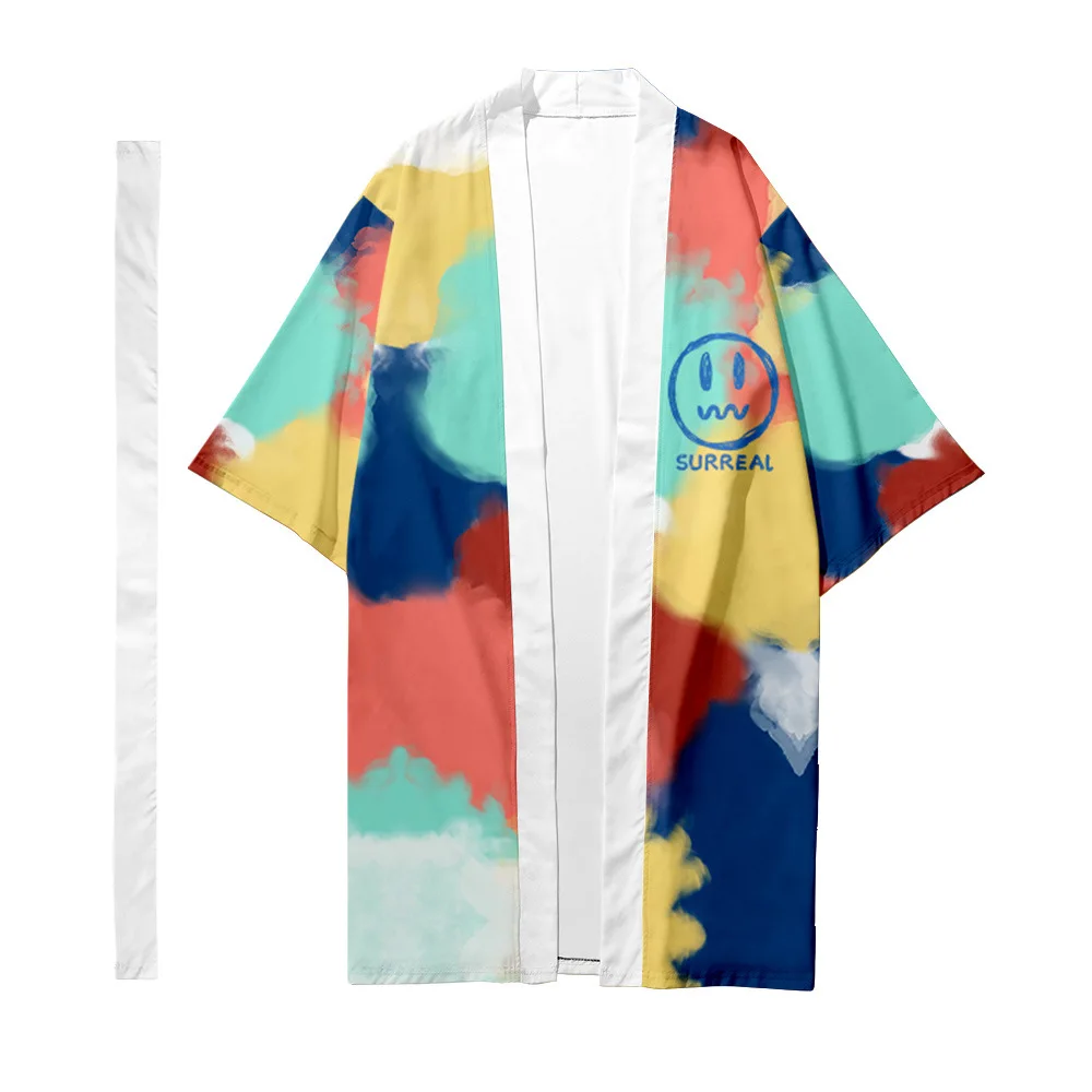 

Men's Japanese traditional ethnic long kimono cardigan Male samurai kimono tie-dye smiley pattern kimono shirt Yukata jacket