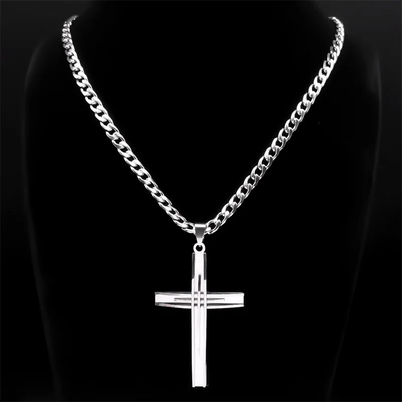 Hip Hop Faith Big Cross Religious Necklace Stainless Steel Chain for Men Rock Crucifix Pendant Necklace Party Jewelry Accessory