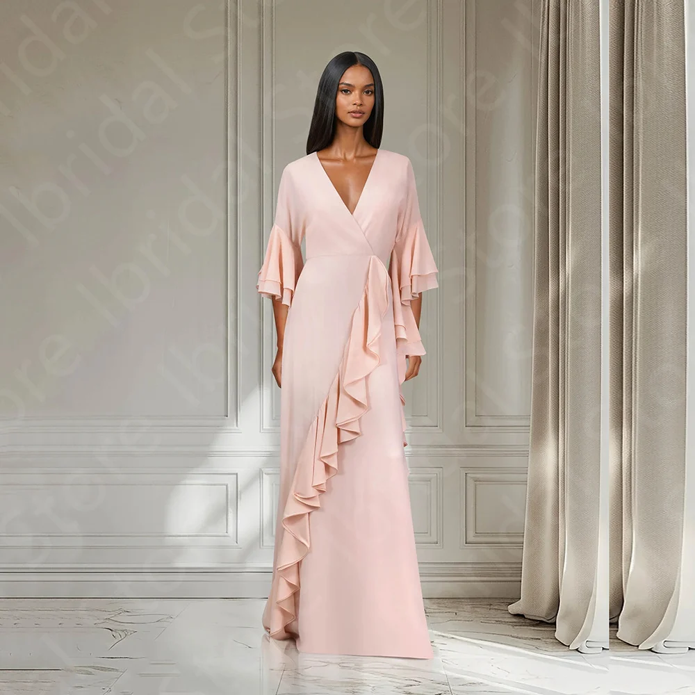 

Customized Charming Pale Pink Evening Dresses 2024 V Neckline Prom Gowns 3/4 Sleeves Ruffles Wedding Guest Dress Arabic On Sale