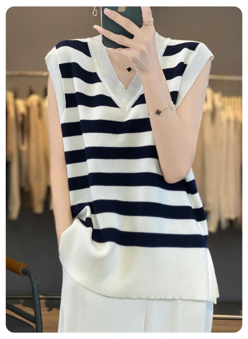 

Large Size Merino Wool Women Vest V-Neck Pullover Sleeveless Sweater Stripe Top Knitted Vest Outerwear Leisure Style Fall Winter