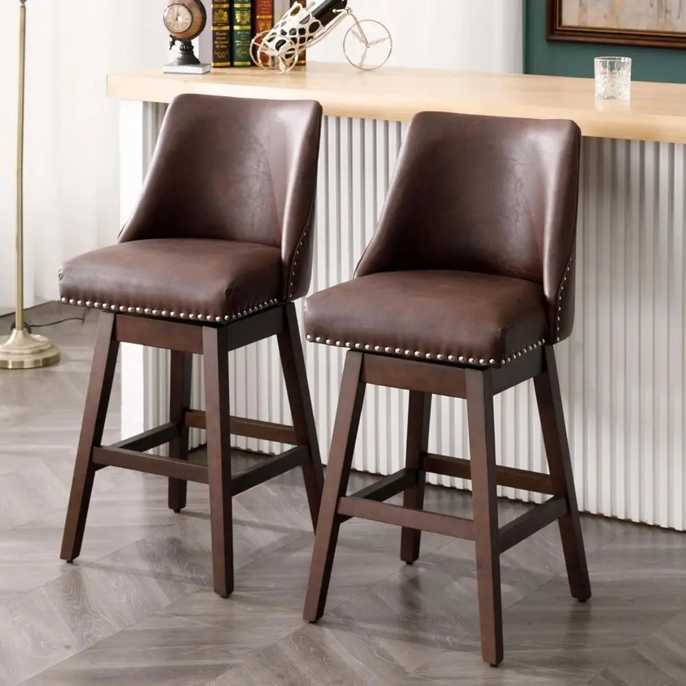 

Set of 2 Leather Swivel Bar Stools with Backrest and Wood Legs, 27.5 Counter Height, Brown
