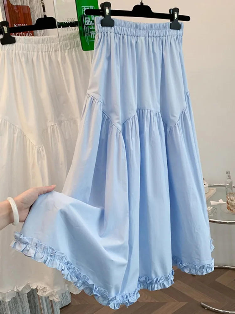 Sweet Japanese Sle Cotton Gored Skirt Women's Summer Design Splice Anti-Aging Slimming A-Line Skirt Midi Length Casual Sle