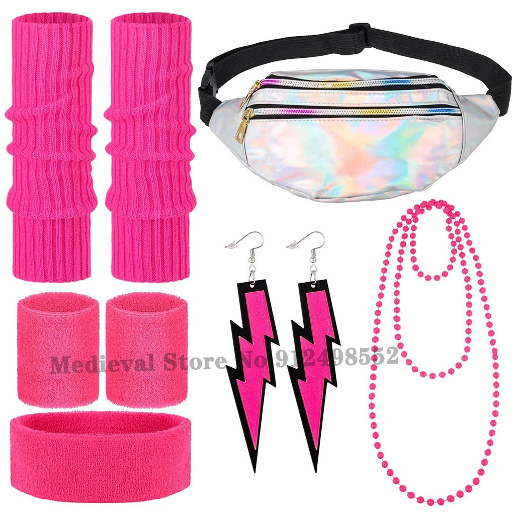 Women\'s 1980s Disco Party Cosplay Costume Neon Accessories Yoga Headband Laser Bag Earring Suit 80s Outfit For Hen Masquerade