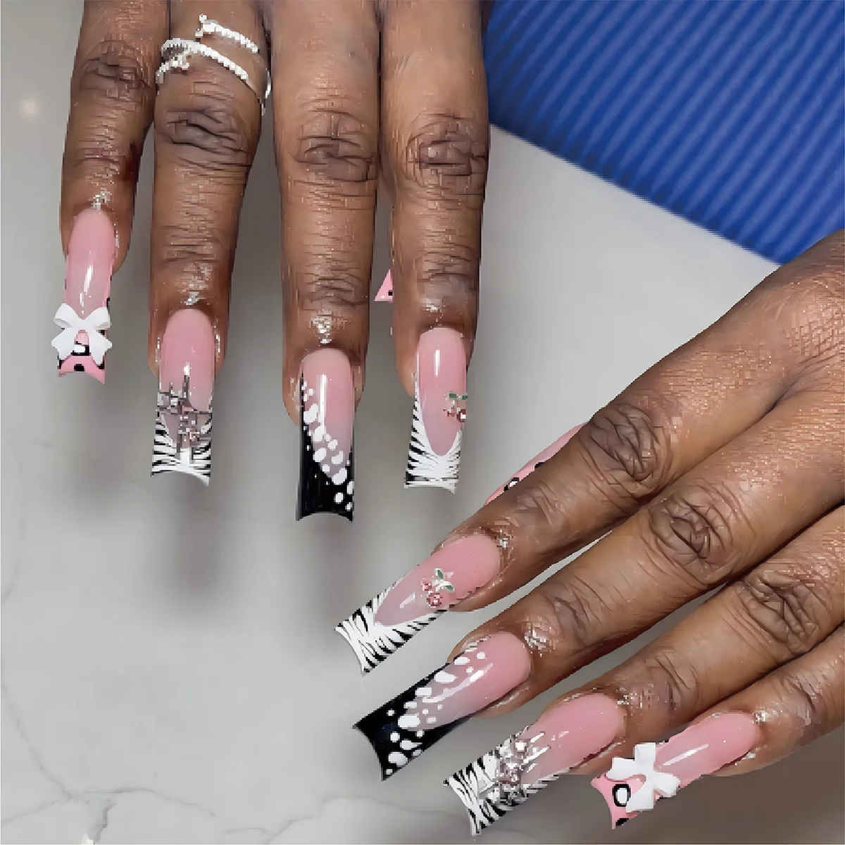 

24Pcs Mid-length Square Head Nails Set Press on 3D Bow Cherry False Nail Black Stripe French Reusable Full Cover Fake Nails Tips