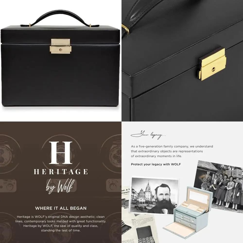 

WOLF Heritage Compact Black Jewelry Box with 10 Sections and 7 Ring Holders, Complete with Portable Case