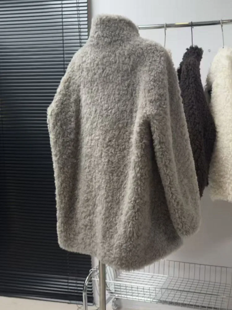 Cappotto da donna in vera lana stile coreano Colletto alla coreana Capispalla in pelliccia di pecora Cappotto medio-lungo Giacca ampia autunno inverno moda
