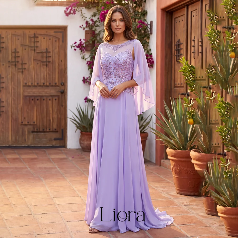 Vestido de Noche Formal Liora Personalizado de Gasa Corte A para Madre de Novia con Cuello Ilusión, Manga Capa y Encaje con Cuentas para Invitadas de Boda