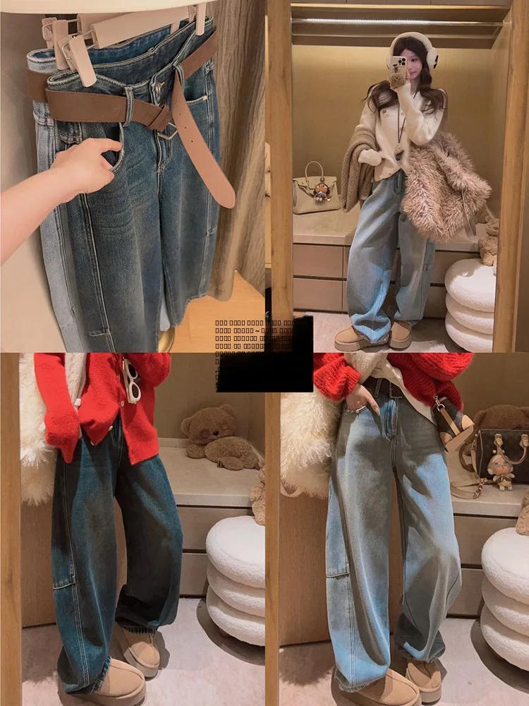 

Джинсы Yukiss светло-голубые, на флисовой подкладке, с высокой талией, широкими штанинами, прямого кроя, женские, зимние, свободные, утягивающие, укороченные, модель «Нож»