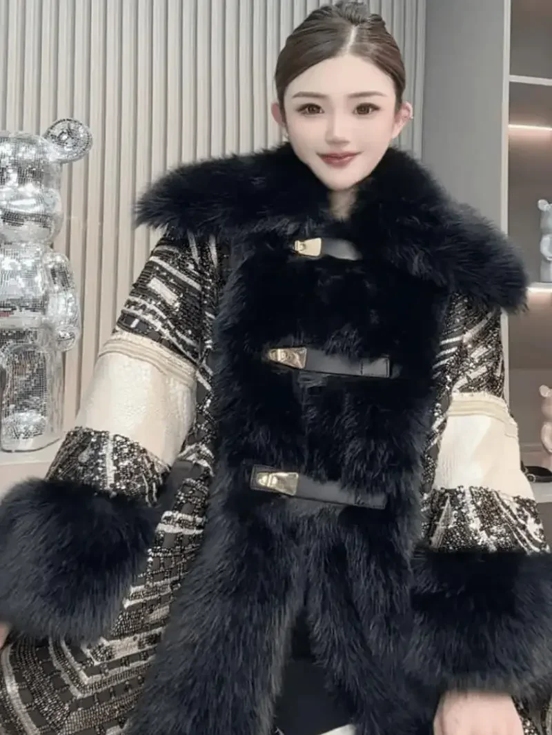 2024 Winter New European Mink Fur Jacket High-end Luxury Korean Heavy Sequins Long-sleeved Splicing Warm Mid-length Fur Coats