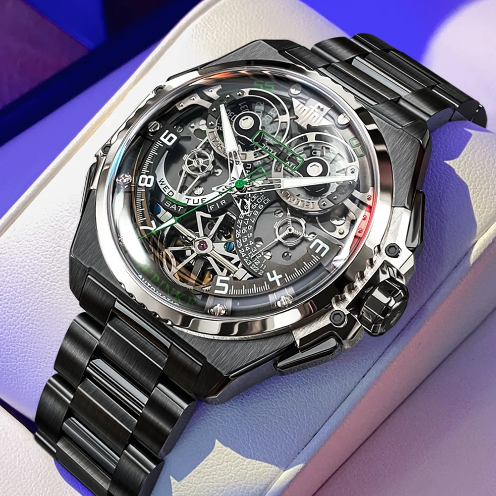 OUPINKE Original Automatic Mechanical Watch for Men Multi-function Tourbillon Skeleton Design Waterproof Luminous Male Watch NEW