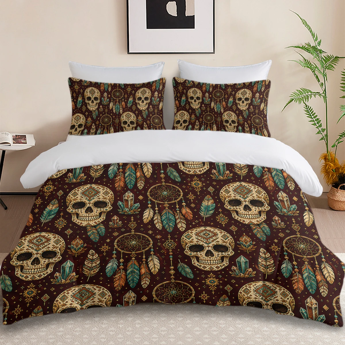 Halloween Witchy Duvet Cover Set 3PCS Skull Pumpkin Black Cat Bat Mushroom Tarot Crystal Microfiber Bedding Gothic Bedroom Decor