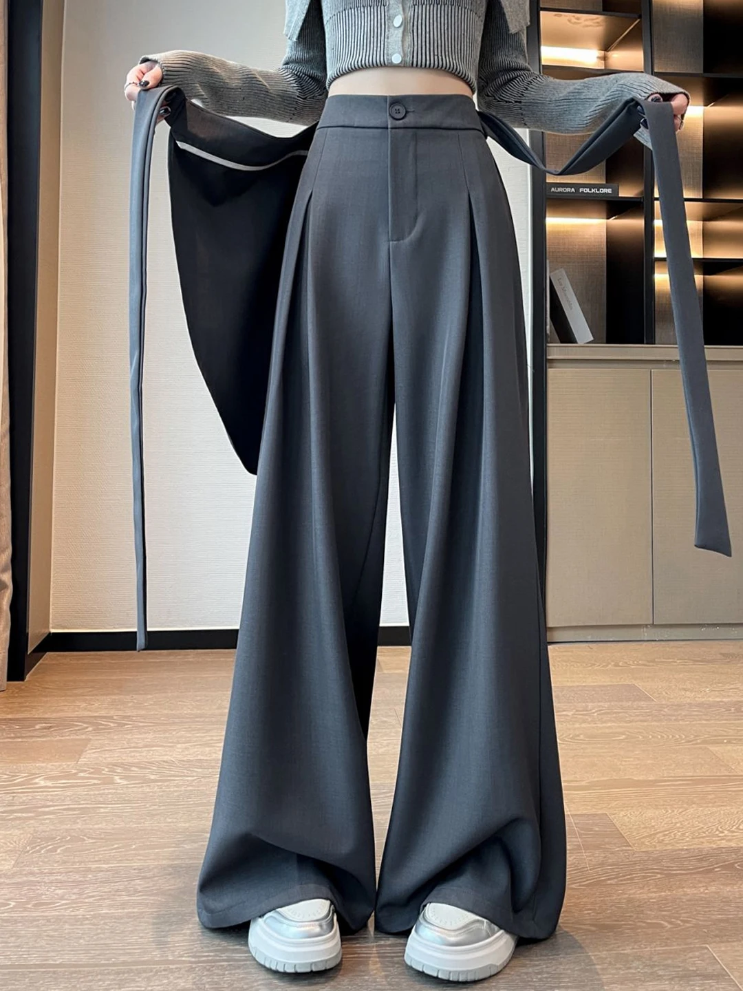Bla Suit Pantaloni a gamba larga Pantaloni casual da donna Vita alta Taglio dritto Coreano Sle Fibra di poliestere Asimmetrico Autunno Nuovo A...