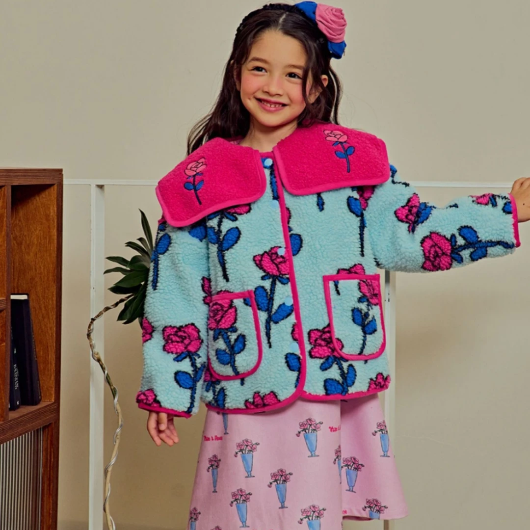 الكورية في سن المراهقة الفتيات الشتاء روز مطبوعة أسفل السترات 2025 جديد الخريف الملابس أبلى معطف فستان الأميرة ملابس الأطفال #5