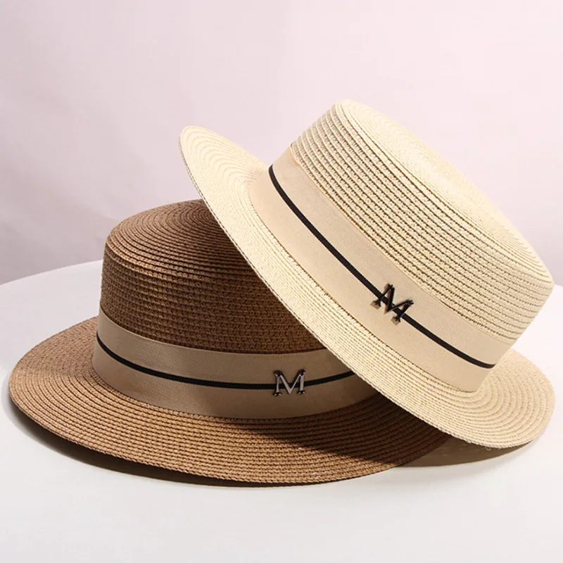 Straw hat women\'s summer flat top small top hat beach vacation hat straw woven hat sun hat