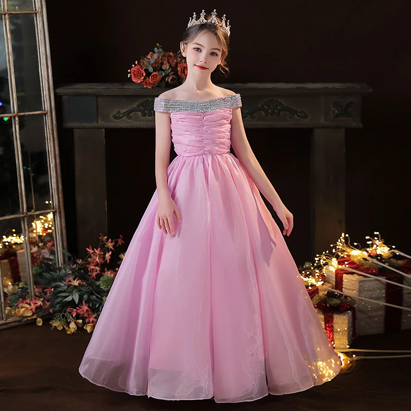 Abito da sposa senza maniche pieghettato senza maniche con scollo monospalla per ragazze, abito elegante per bambini, compleanno/personalizzato