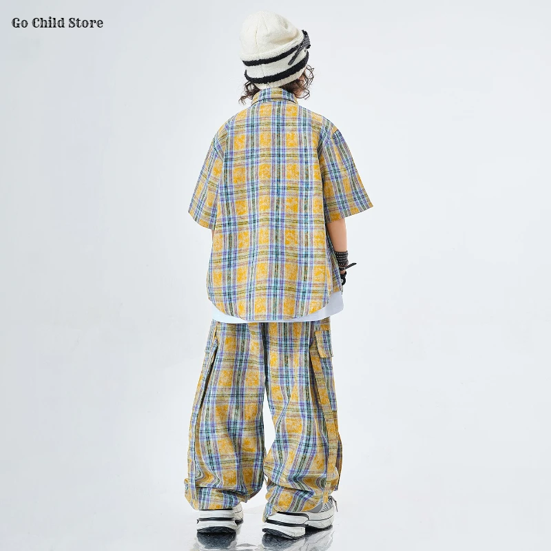 Hip hop meninas camisa xadrez calças de carga meninos moda roupas de dança de rua conjunto crianças adolescentes streetwear crianças k-pop jazz traje