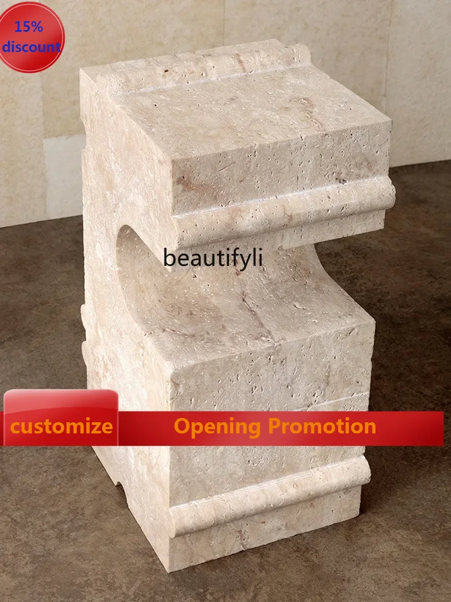 

Light luxury designer natural travertine column side table carving living room coffee table side table G1218