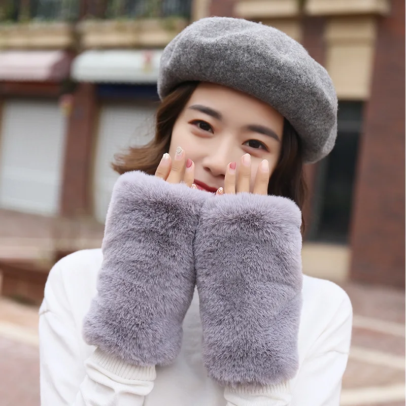 Winter half finger gloves imitation rabbit fur gloves for schoolgirl with velvet cuff Korean fashion furry mittens C042