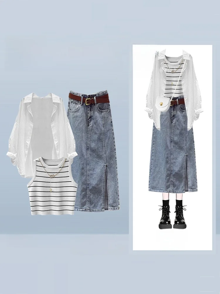 

Salt System Autumn Women's Faion Set Loose Striped irt Denim Skirt Tee Piece Set Casual Sle Lightweight Long Sve