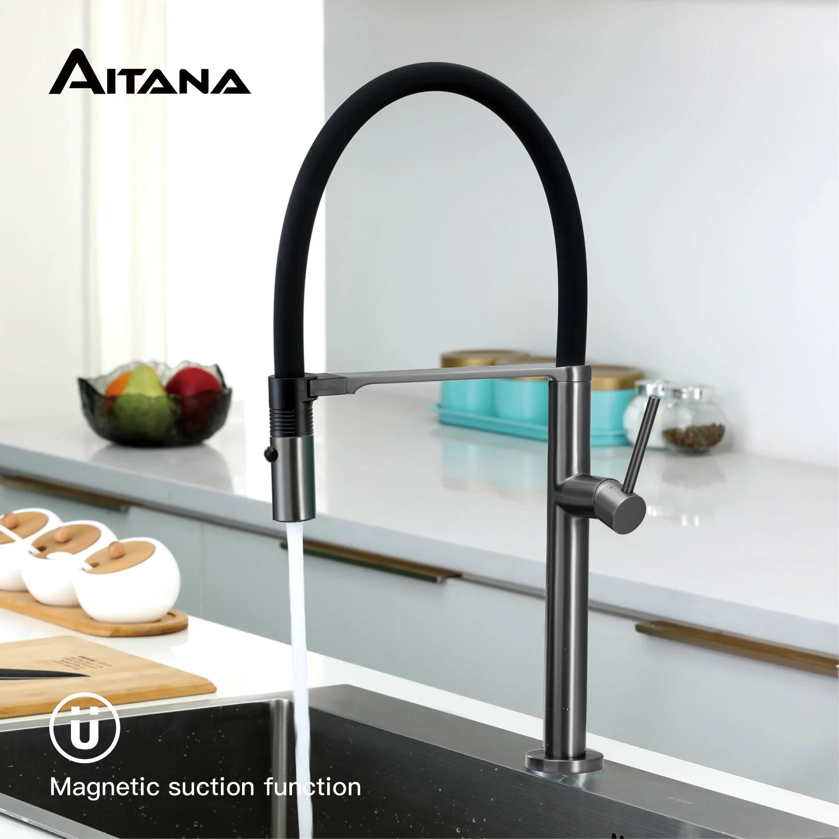 

AITANA brass black kitchen faucet with simple magnetic suction design, single handle hot and cold dual control sink mixer