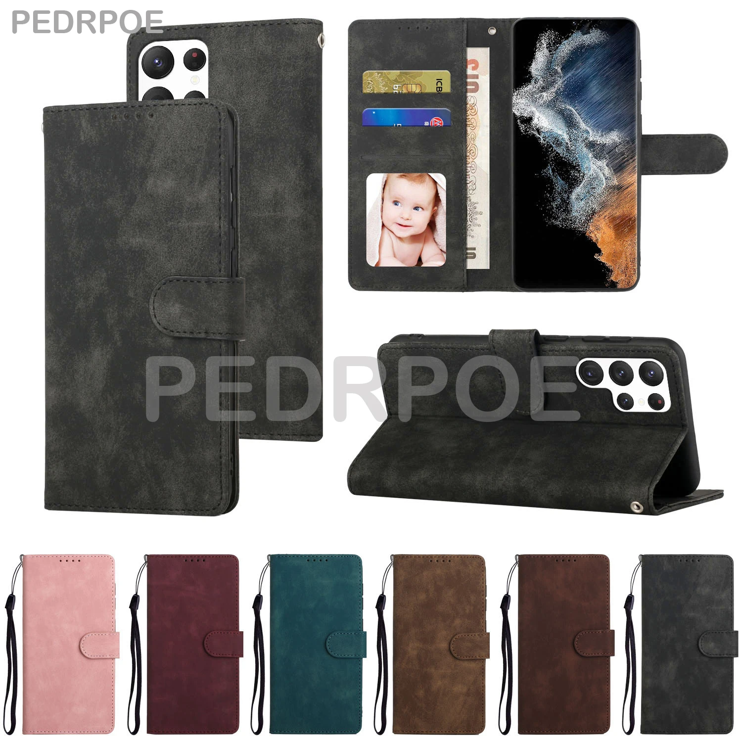 Luxury Leather Case For Samsung Galaxy S23 Ultra S22 Plus S21 FE S20 S10 S9 NOTE 20 10 9 8 Card Pocket Wallet Cover With Lanyard
