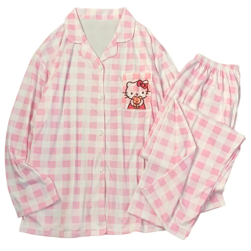 Kawaii sanrio olá kitty xadrez pijamas femininos conjunto outono animação dos desenhos animados manga longa calças compridas pijamas roupas para casa presente