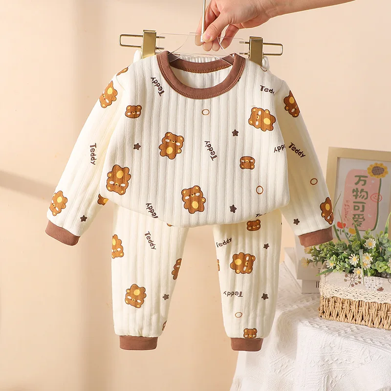 New Autumn and Winter Children\'s Cotton Warm Suit Three-layer Thick Cartoon Design Long-sleeved Top + Trousers 2-piece Set