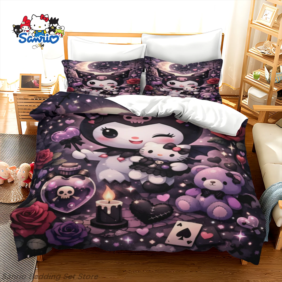 

Sanrio Kuromi Bedding Set Kawaii Black Purple Kuromi Duvet Cover Japanese Anime Quilt Cover for Teens Bedroom Decor