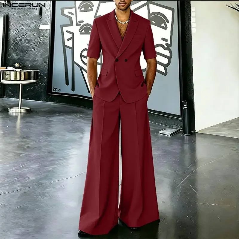 INCERUN Men Sets Solid Color Elegant Lapel Short Sleeve Blazer Wide Leg Pants Two Pieces Sets Streetwear 2026 Men Matching Sets