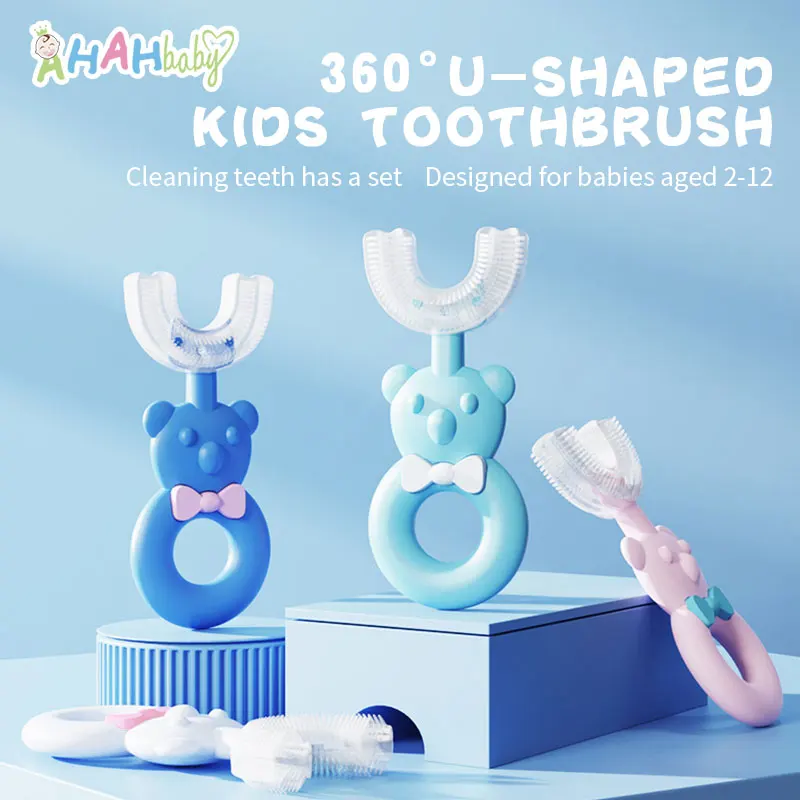 Children Toothbrush 360 ° U Shaped Baby Toothbrush Silicone Infant ToothbrushTeeth Care for Toddlers 2-12 Y Oral Cleaning Brush