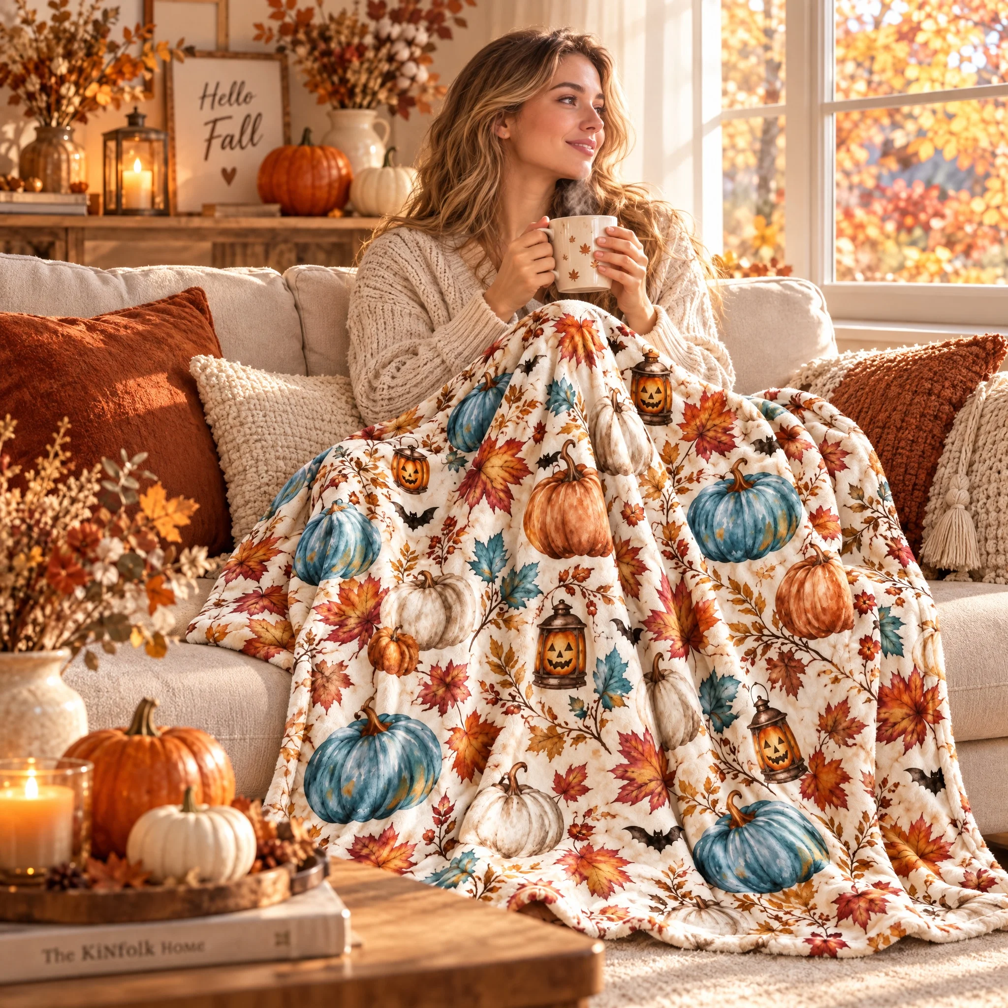 Fall Harvest Throw Blanket, White Base with Pumpkin & Orange Leaf Print, Thanksgiving Decor Cover for Sofa Bedroom, Cozy Leisure Blanket, Nice Seasonal Gift