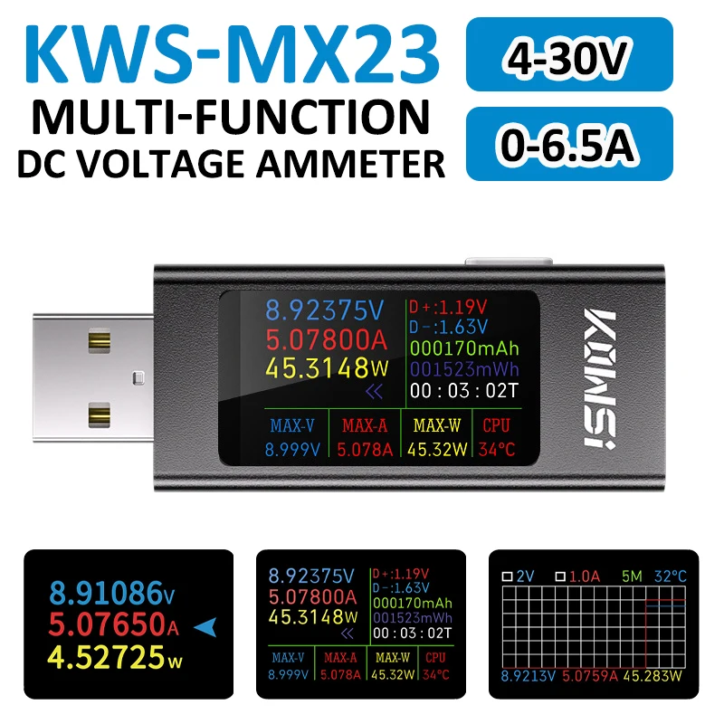 

USB Tester DC Digital Voltmeter Amperimetro Current Voltage Meter Volt Ammeter Detector Power Bank Charger Indicator 4-30V 6.5A