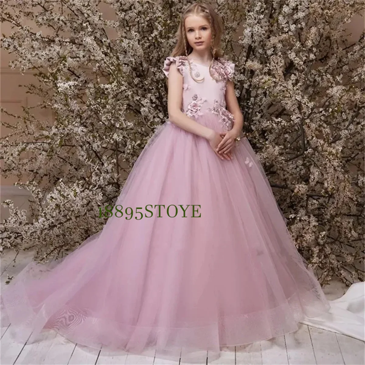 Eegant Tulle Applique Flowert Girl Dress For Wedding Backless Fluffy With Bow Pink Child First Eucharistic Birthday Party Dress