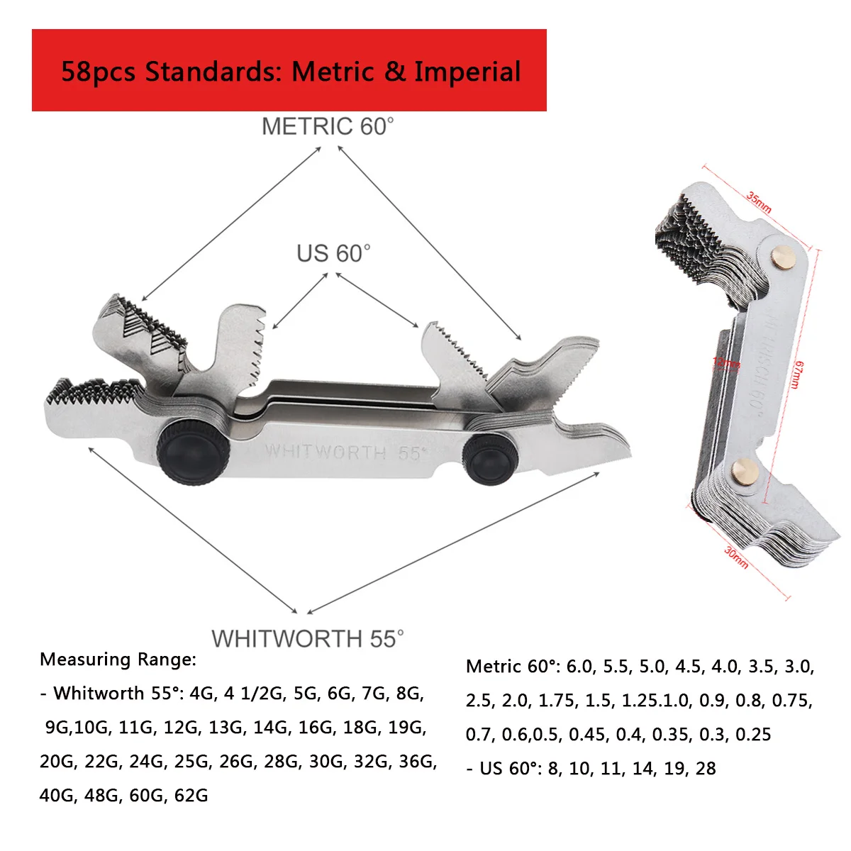 55-60 Degree Metric Inch US Thread Plug Gauge Carbon Steel Gear Tooth Screw Pitch Gauges Thread Pitch Measuring Tools