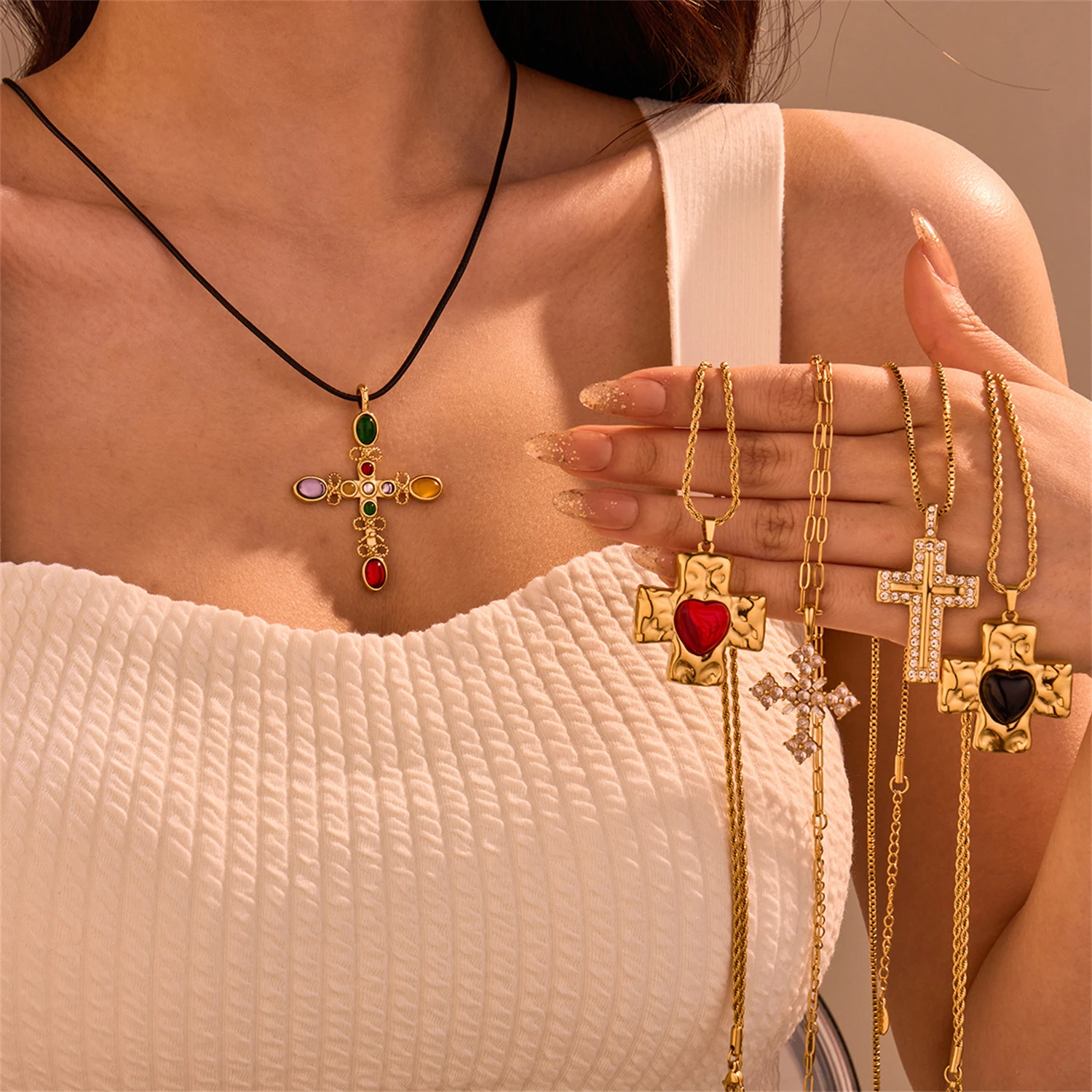 

WAKA Trendy Vintage Cross Pendant Necklace Set Colorful Stone & Heart Accents Fashion Statement Jewelry For Women
