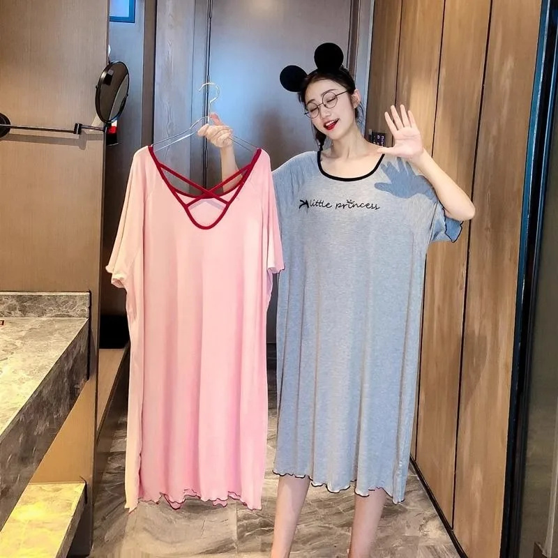 125kg Plus Size Backless Loose Nightdress Women Summer Short Sleeve Thin Pajamas Knee Length Skirt Maternity Nightgown Sleepwear