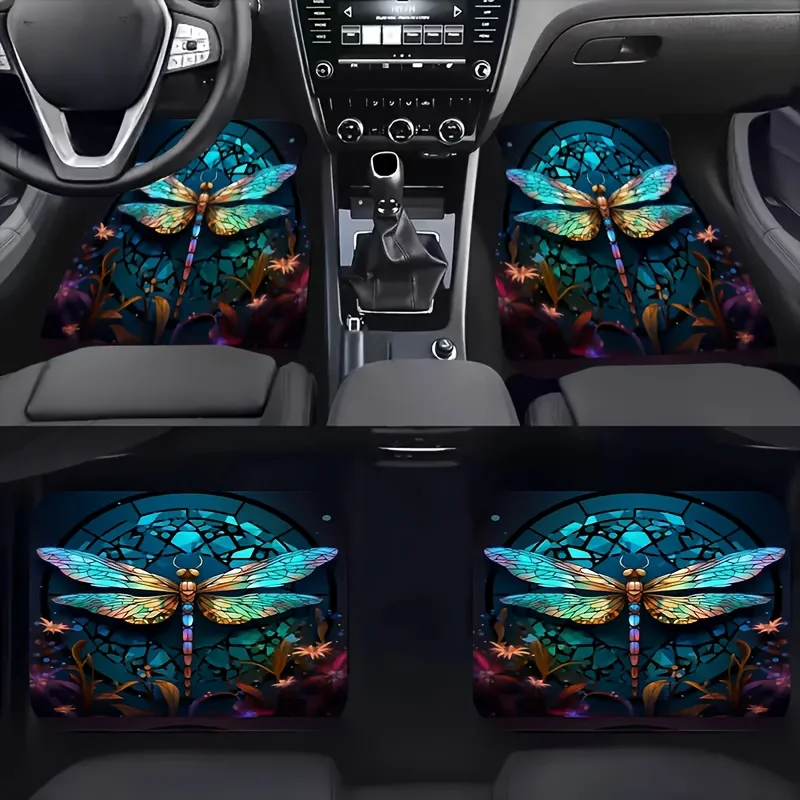4pcs Dragonfly Pattern Printed Car Floor Mats - Universal Front And Rear Full Coverage Interior Decoration Additions, Suitable F