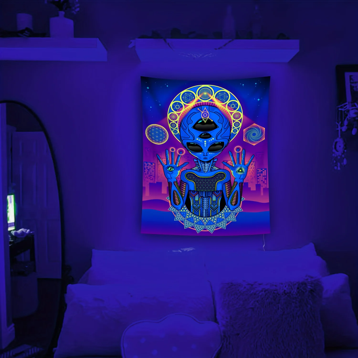 

VIKAMA Three-Eyed Alien Tapestry Geometric City Psychedelic Wall Hanging Bedroom Bohemian Living Room Decor