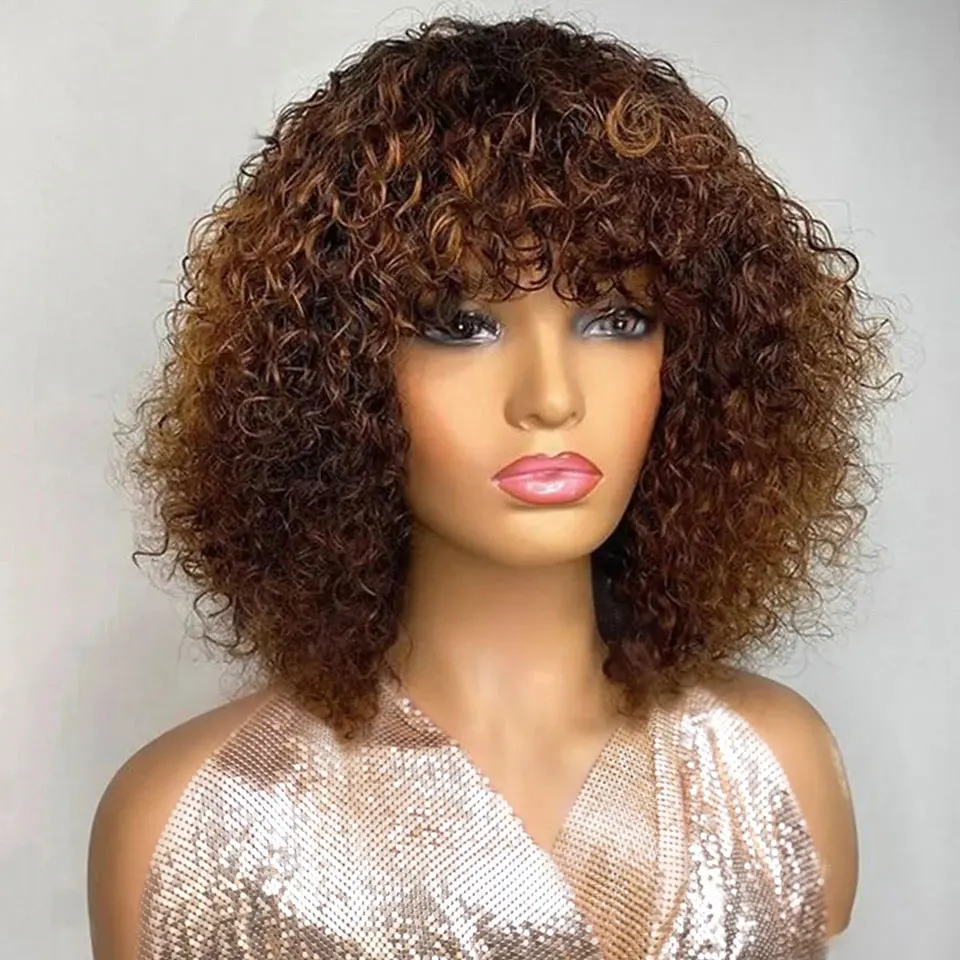 

Rebecca 180D Highlight Kinky Curly Bob Wig with Bangs Fringe Human Hair Short Curly Wig for Women Glueless and Non Lace Front