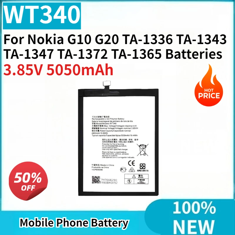 

Brand New WT340 3.85V 5050mAh Mobile Phone Battery For Nokia G10 G20 TA-1336 TA-1343 TA-1347 TA-1372 TA-1365 Batteries
