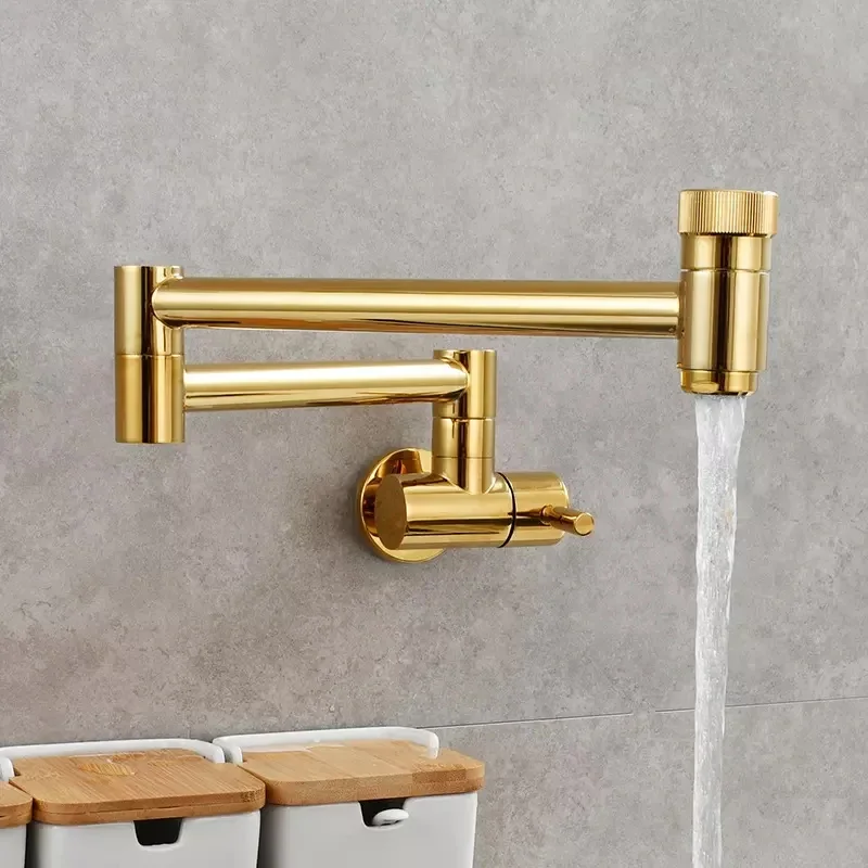 American Style Modern Brushed Gold Brass Fold Tap Wall Mounted Retractable Folding Pot Filler Kitchen Sink Water Faucet